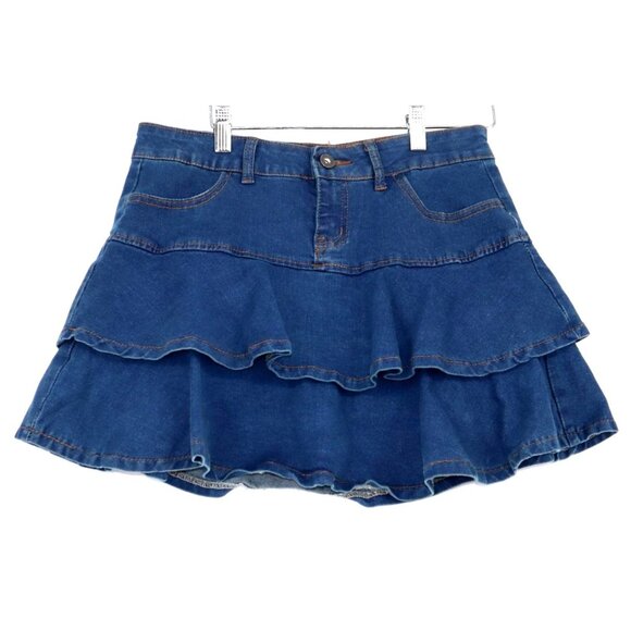 Denim Tiered Ruffle Mini Skirt Layered Blue Jean Y2K Elevated Indie - Picture 1 of 9